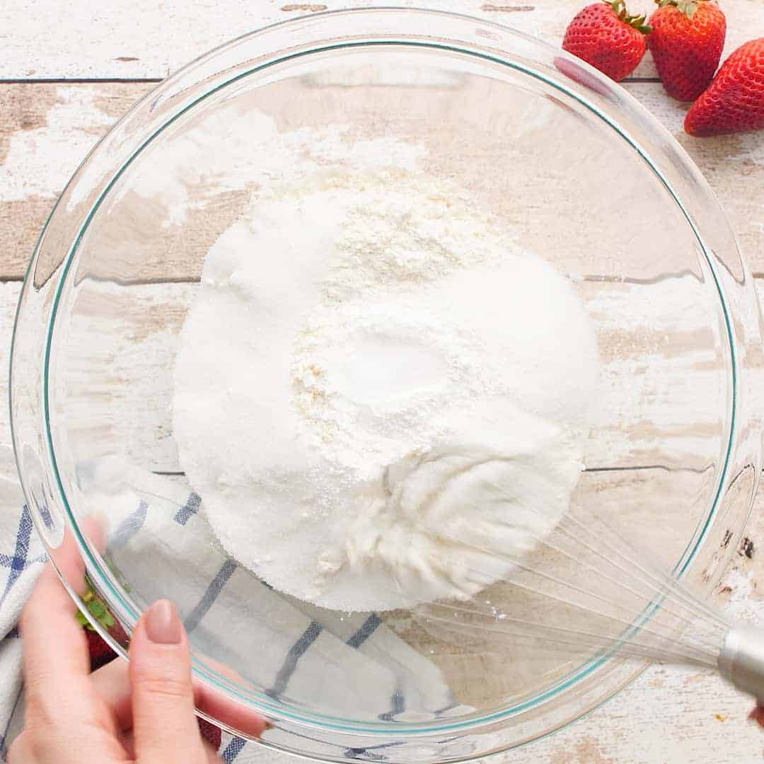 Dry ingredients in a glass bowl.