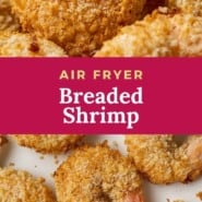 Breaded shrimp being dipped in tartar sauce, text overlay reads "air fryer breaded shrimp."