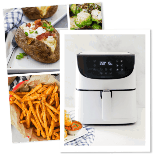 Air fryer with fries and baked potatoes.