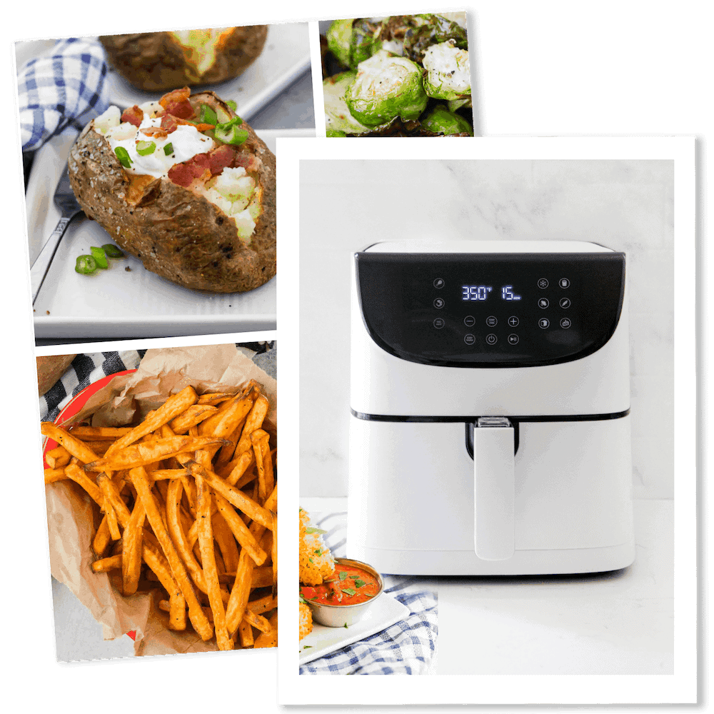 Air fryer with fries and baked potatoes.