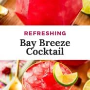 Bright red drink, text overlay reads "refreshing bay breeze cocktail."