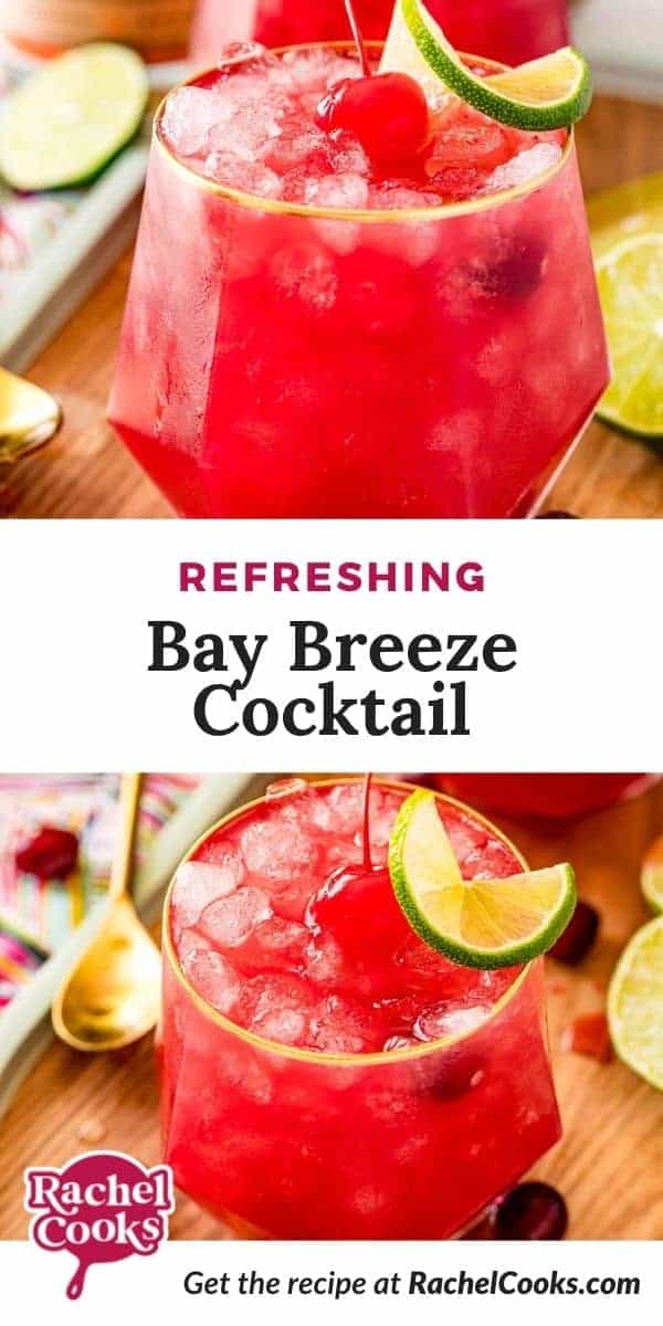Bright red drink, text overlay reads "refreshing bay breeze cocktail."