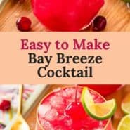 Bright red drink, text overlay reads "easy to make bay breeze cocktail."