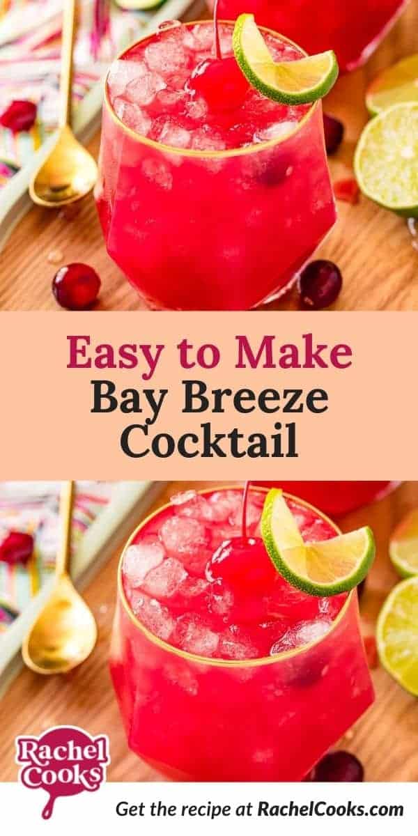Bright red drink, text overlay reads "easy to make bay breeze cocktail."