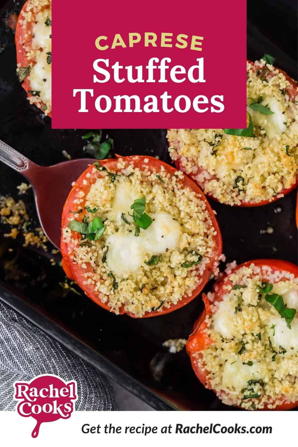 Tomato on a black plate, text overlay reads "caprese stuffed tomatoes."