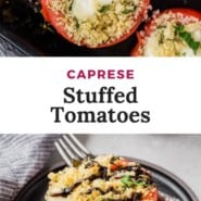 Tomato on a black plate, text overlay reads "caprese stuffed tomatoes."