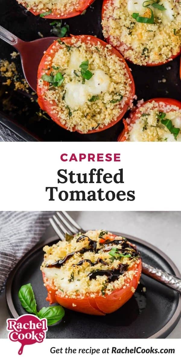Tomato on a black plate, text overlay reads "caprese stuffed tomatoes."