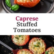 Tomato on a black plate, text overlay reads "caprese stuffed tomatoes."
