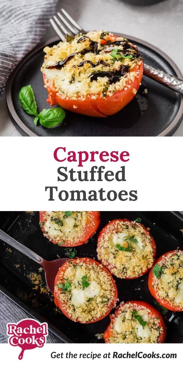 Tomato on a black plate, text overlay reads "caprese stuffed tomatoes."