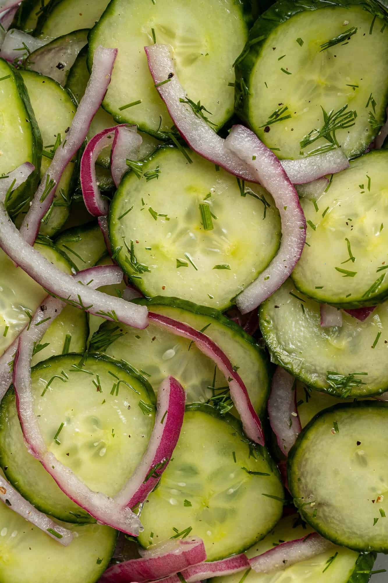 Close up view of sliced cucumbers, onions, and fresh dill.