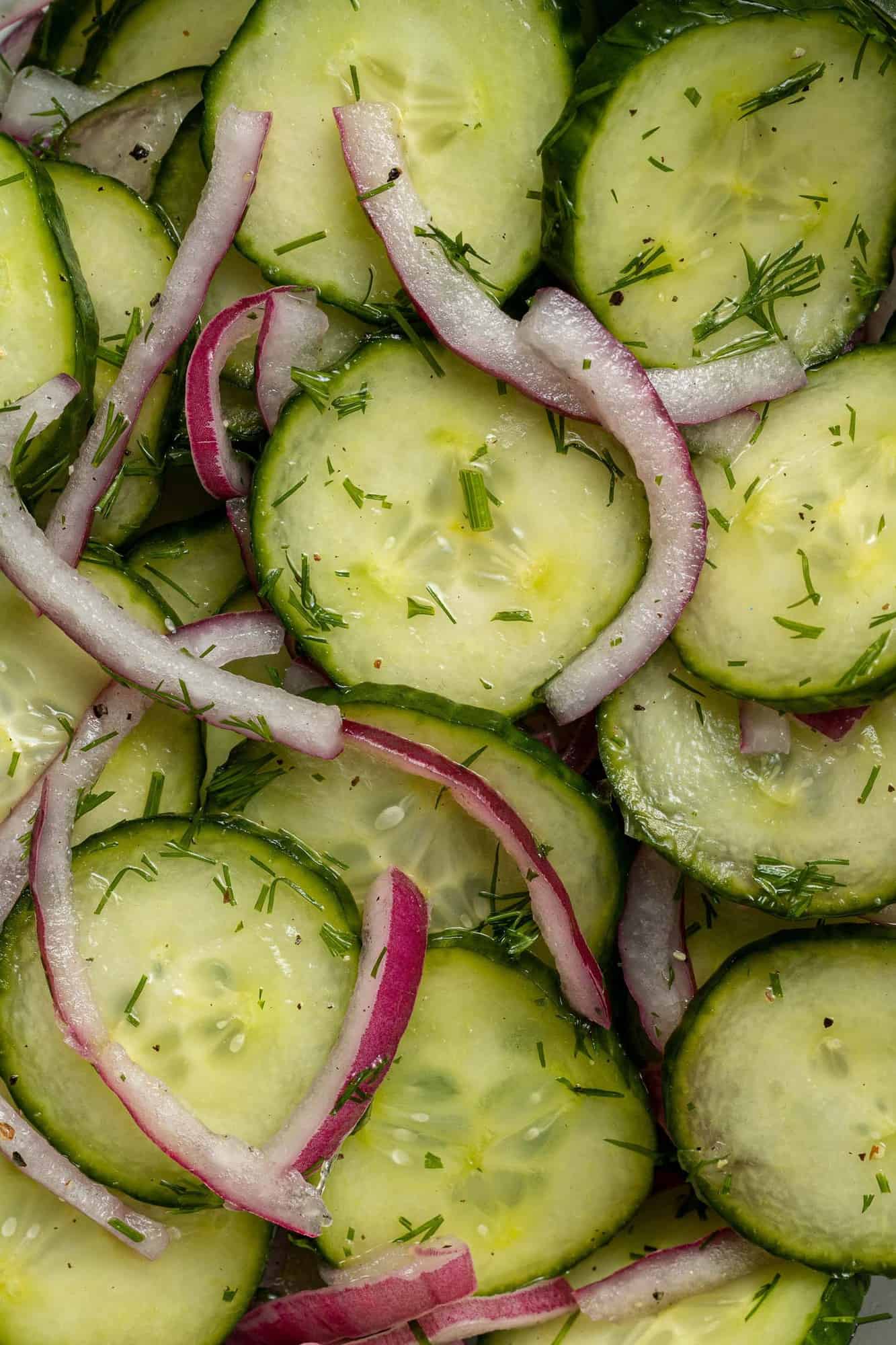 Close up view of sliced cucumbers, onions, and fresh dill.