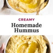 two images of hummus, text overlay reads "creamy homemade hummus."