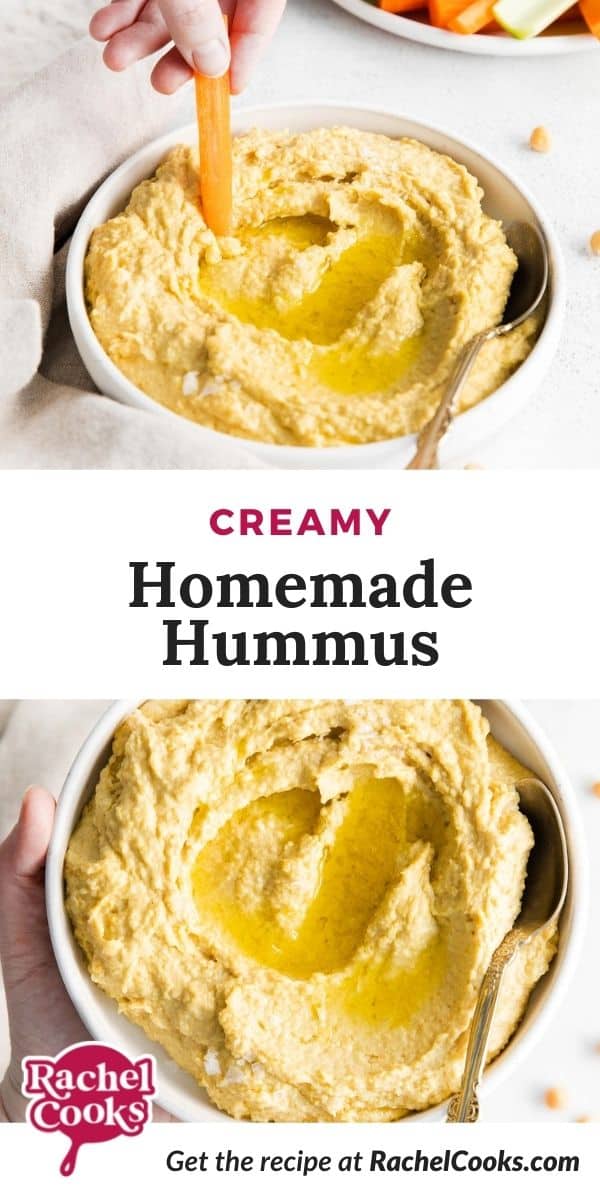 two images of hummus, text overlay reads "creamy homemade hummus."