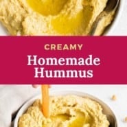 two images of hummus, text overlay reads "creamy homemade hummus."