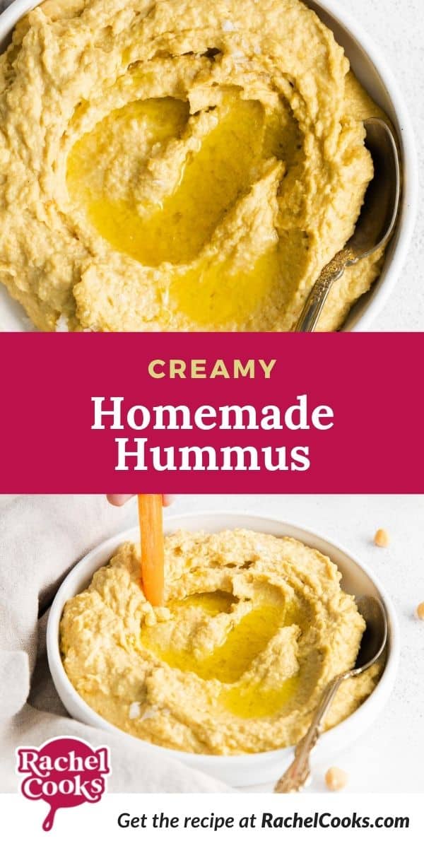 two images of hummus, text overlay reads "creamy homemade hummus."