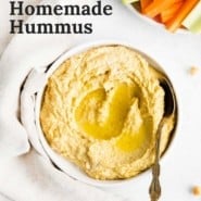 Bowl of hummus, text overlay reads "creamy homemade hummus."