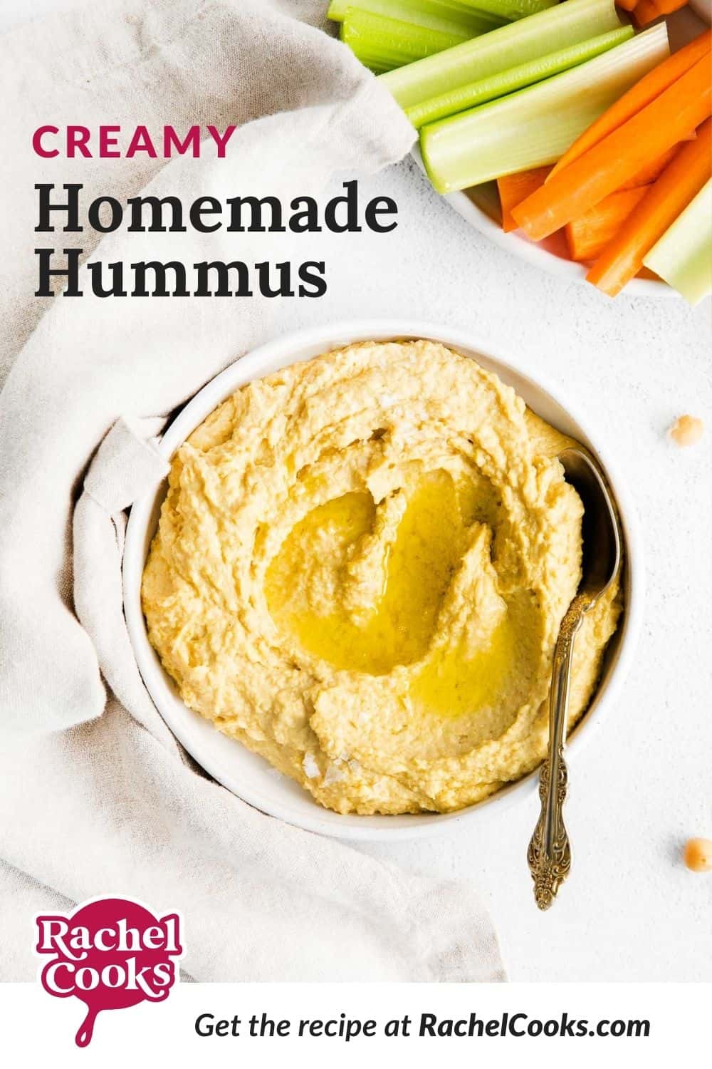 Bowl of hummus, text overlay reads "creamy homemade hummus."