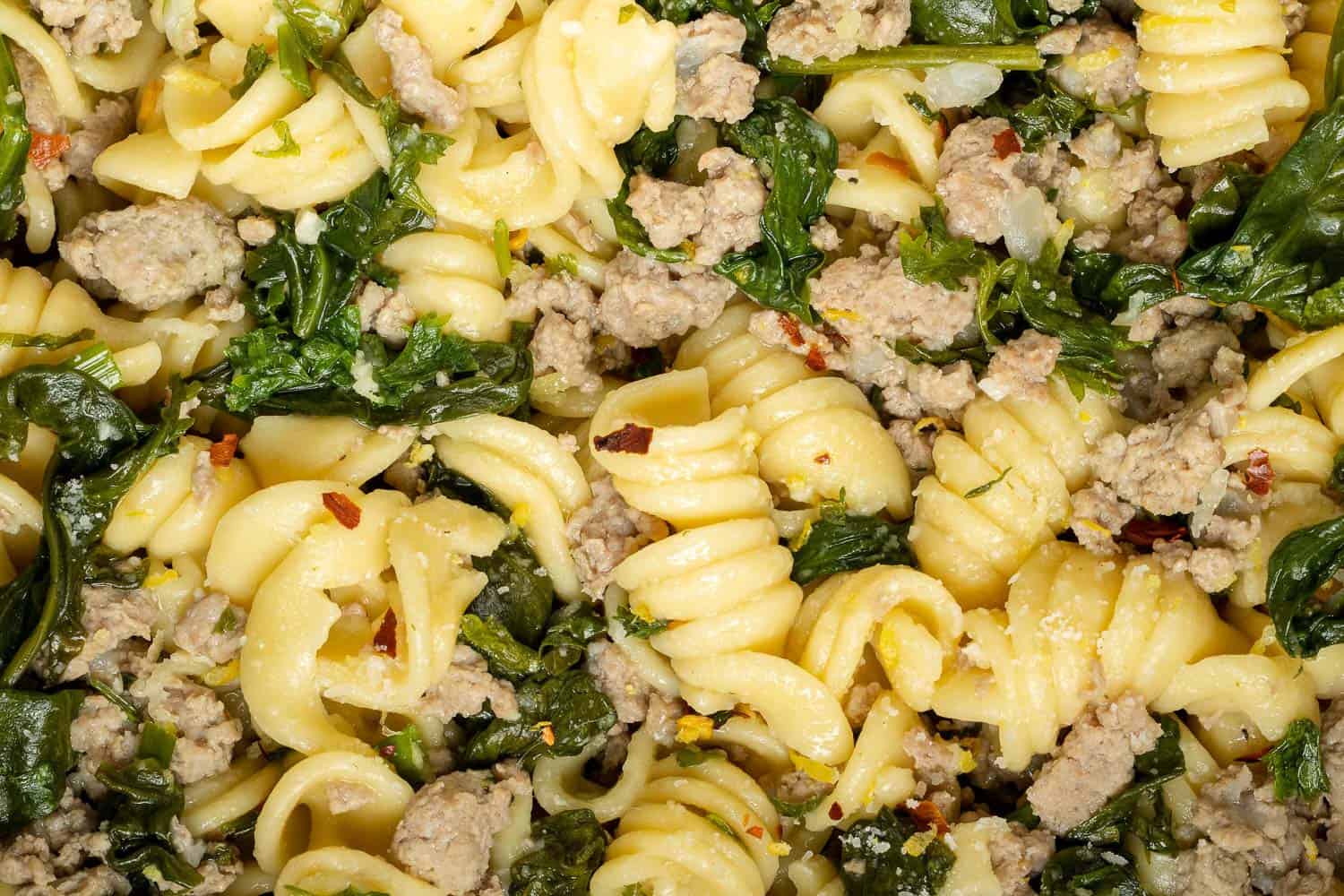 Very close up view of pasta with ground chicken, lemon, spinach, red pepper flakes.