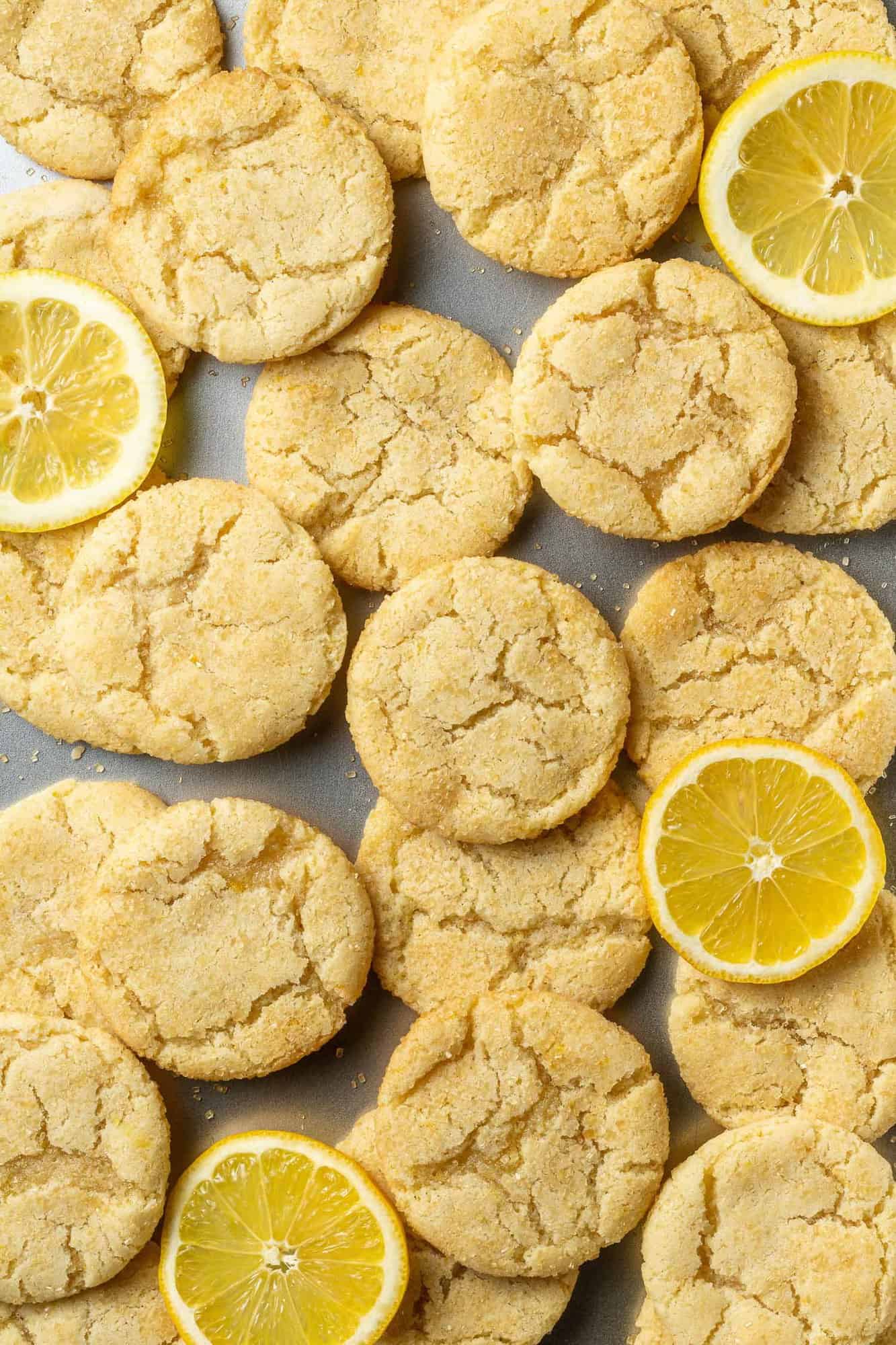 Overhead view of cookies and lemon slices.