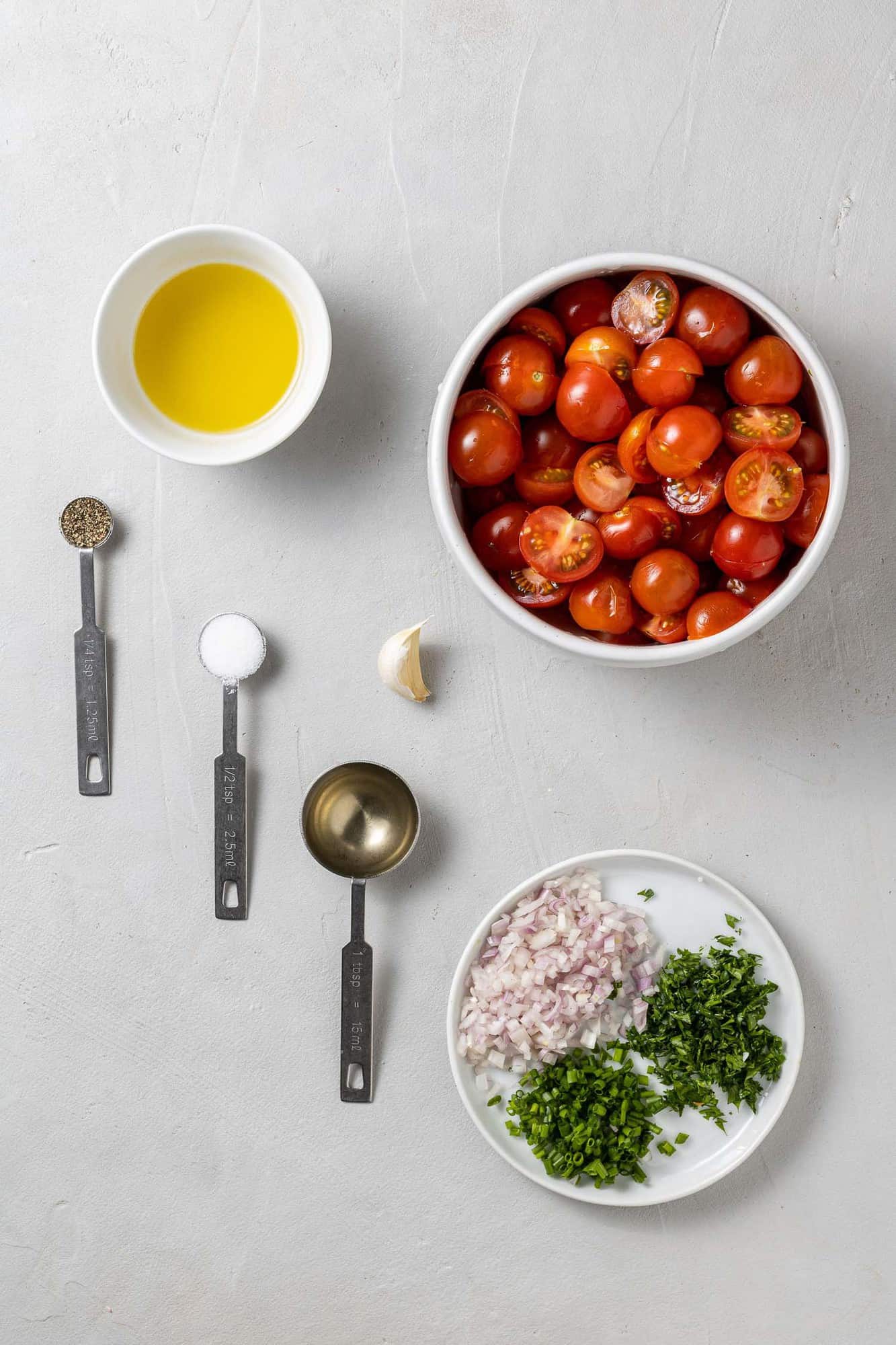 Overhead view of ingredients needed for recipe. 