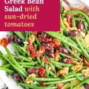 Green beans, text overlay reads "mediterranean green bean salad with sun dried tomatoes."