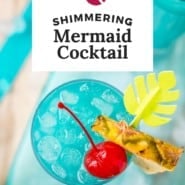 Two festive blue cocktails, text overlay reads "mermaid cocktail."