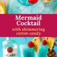 Two festive blue cocktails, text overlay reads "mermaid cocktail."