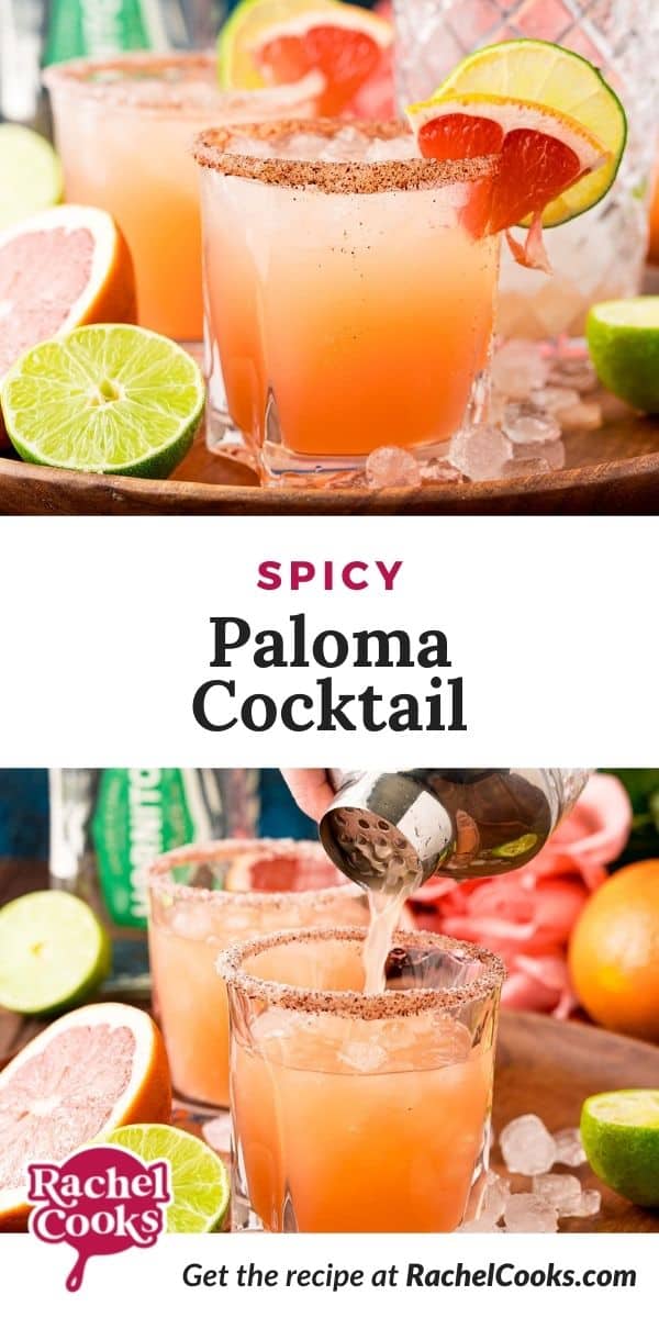 Iced cocktail, text overlay reads "spicy paloma cocktail."