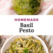 Jar filled with green sauce, text overlay reads "homemade basil pesto."