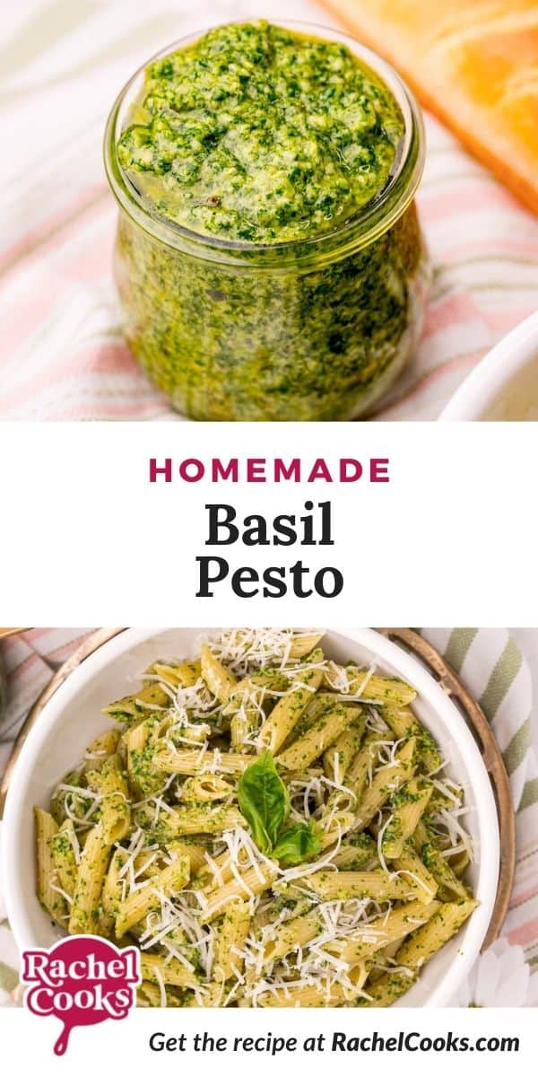 Jar filled with green sauce, text overlay reads "homemade basil pesto."