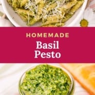 Jar filled with green sauce, text overlay reads "homemade basil pesto."