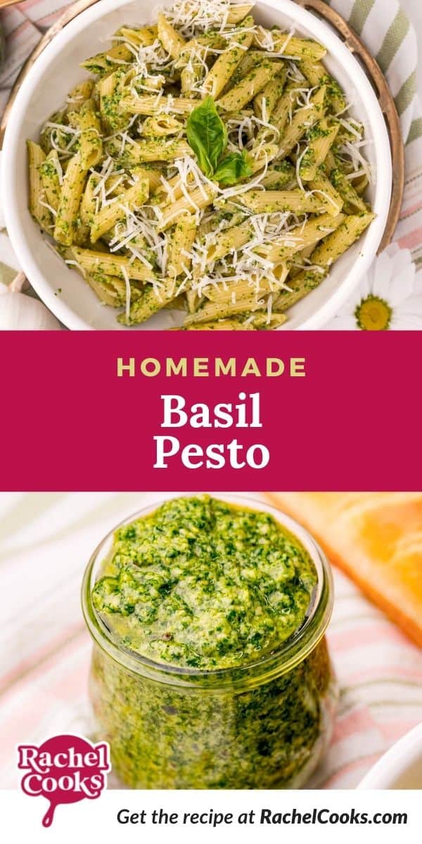 Jar filled with green sauce, text overlay reads "homemade basil pesto."