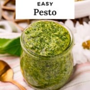 Jar filled with green sauce, text overlay reads "easy pesto."