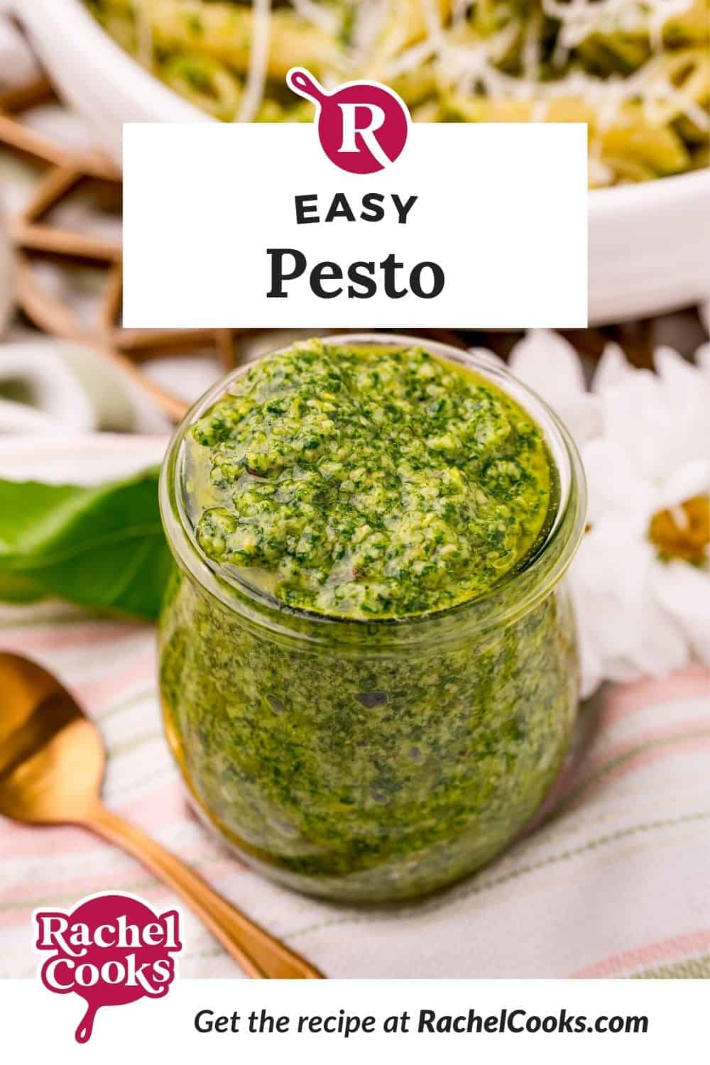 Jar filled with green sauce, text overlay reads "easy pesto."