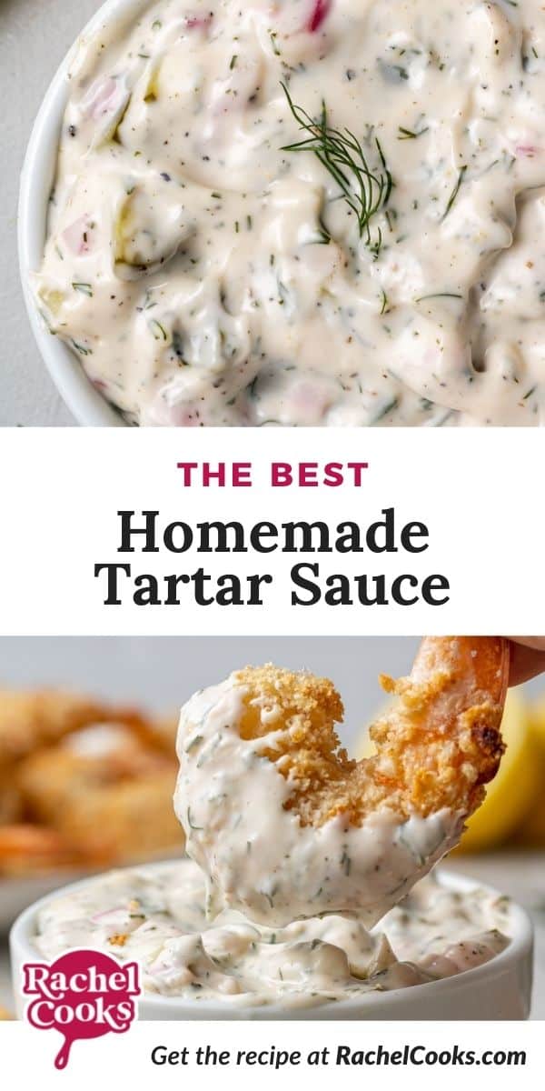 Overhead view of tartar sauce, text overlay reads "the best tartar sauce."