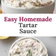 Overhead view of tartar sauce, text overlay reads "easy homemade tartar sauce."