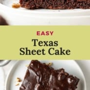 Chocolate cake on a white plate, text overlay reads "easy texas sheet cake."