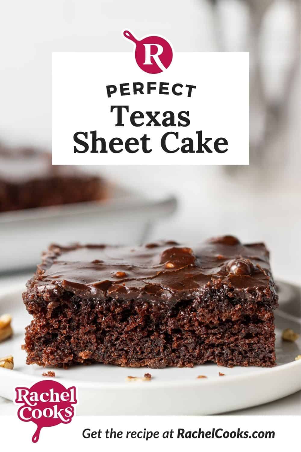 Chocolate cake on a white plate, text overlay reads "perfect texas sheet cake."