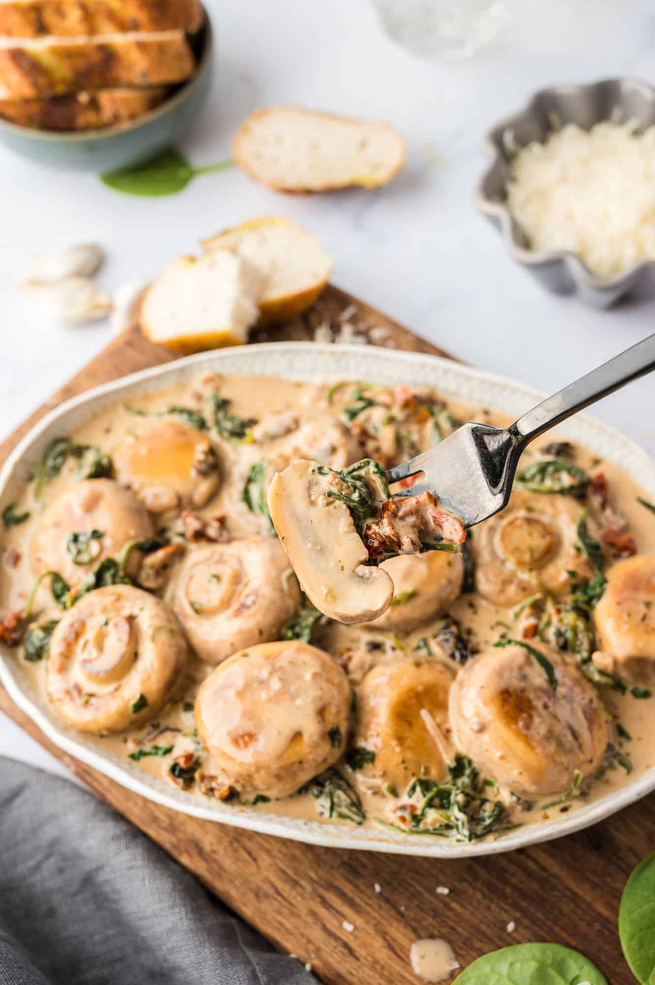 Cut mushroom on fork to show texture.