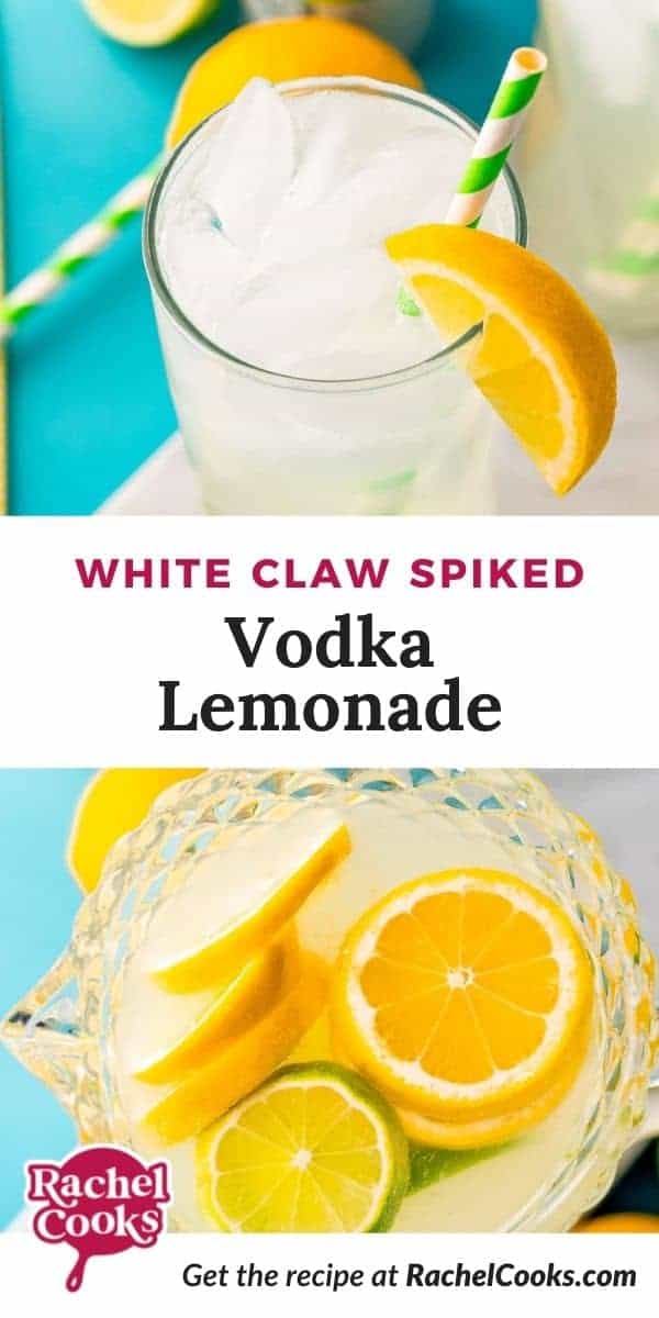 Two images of lemonade, text overlay reads "white claw spiked vodka lemonade."