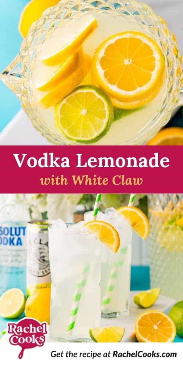 Two images, text overlay reads "vodka lemonade with white claw."