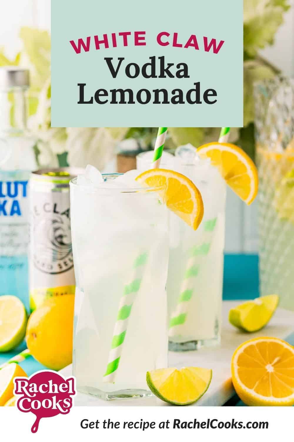 Tall glass of iced beverage, text overlay reads "white claw vodka lemonade."