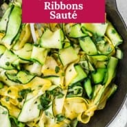 Zucchini and squash, text overlay reads "easy summer squash and zucchini ribbons saute."