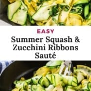 Zucchini and squash, text overlay reads "easy summer squash and zucchini ribbons saute."