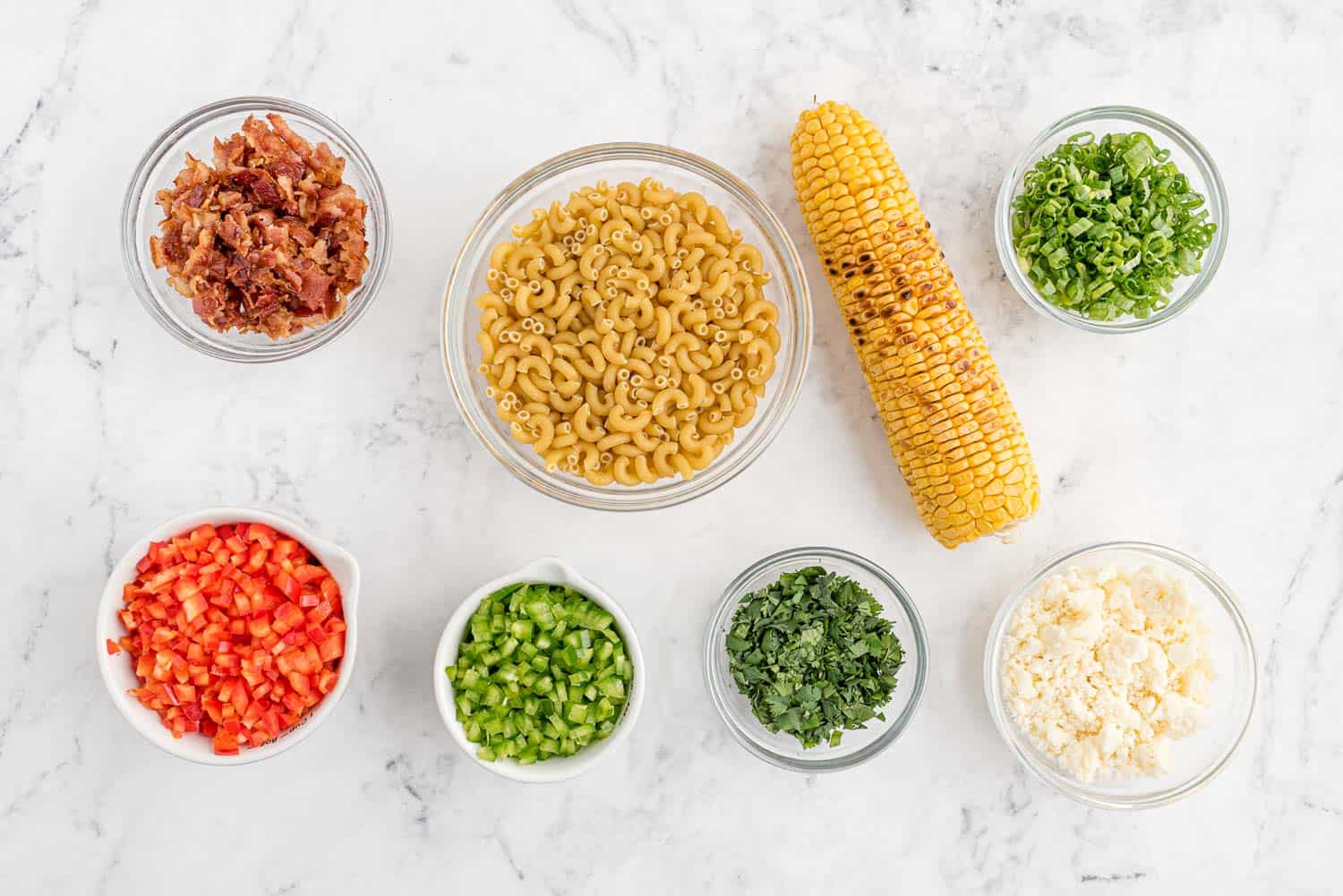 Overhead view of ingredients needed for salad.