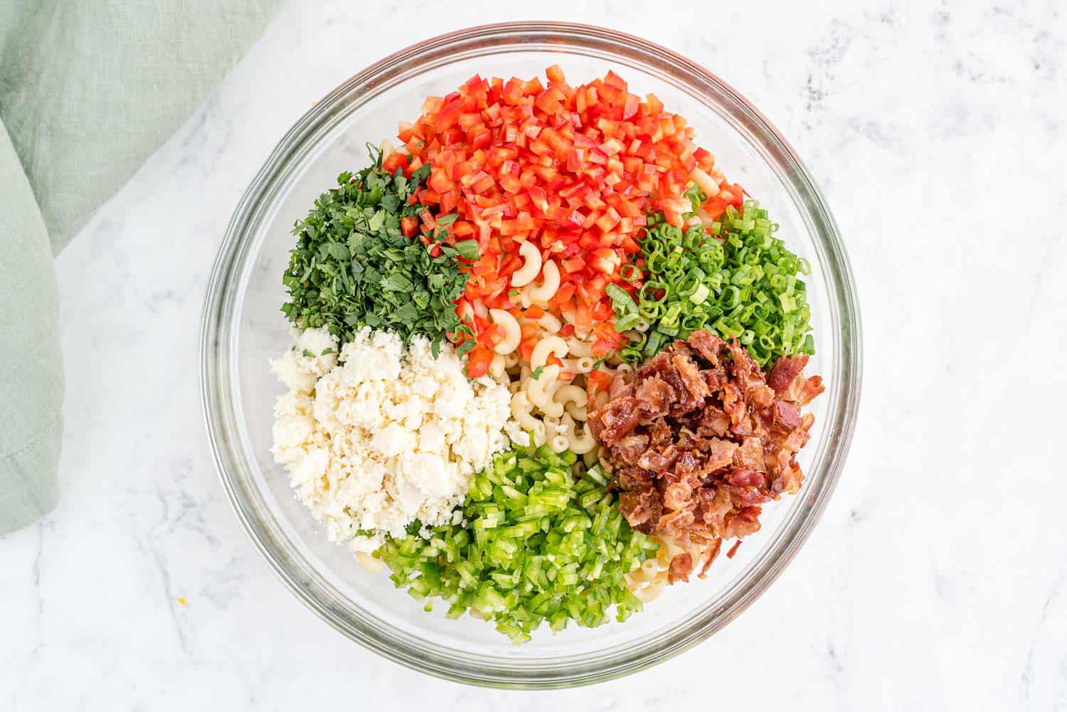 Colorful pasta salad ingredients.