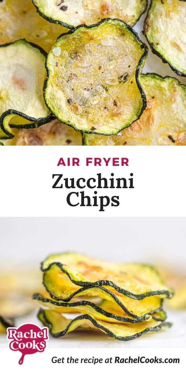 Stack of zucchini slices, text overlay reads "air fryer zucchini chips."
