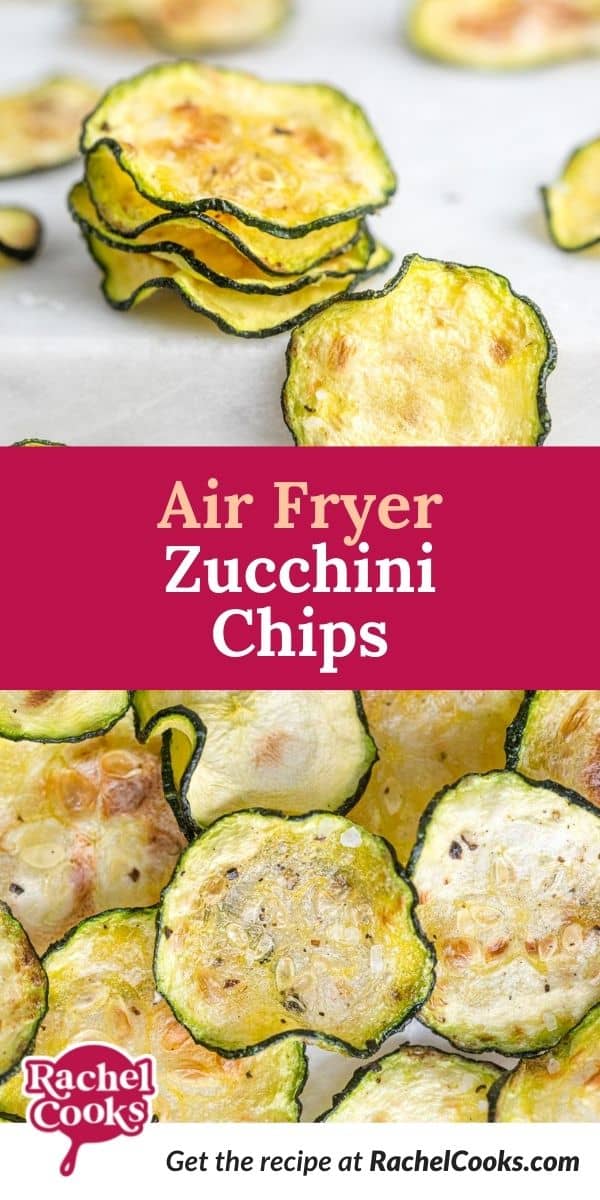 Stack of zucchini slices, text overlay reads "air fryer zucchini chips."