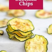 Stack of zucchini slices, text overlay reads "air fryer zucchini chips."