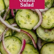 Cucumbers and onions, text overlay reads "easy cucumber onion salad."